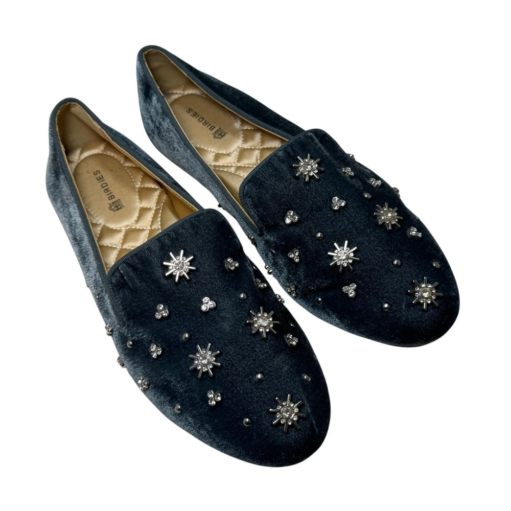 Birdies Starling Blue Velvet Celestial Crystal Embellished Loafers Flats Sz‎ 7